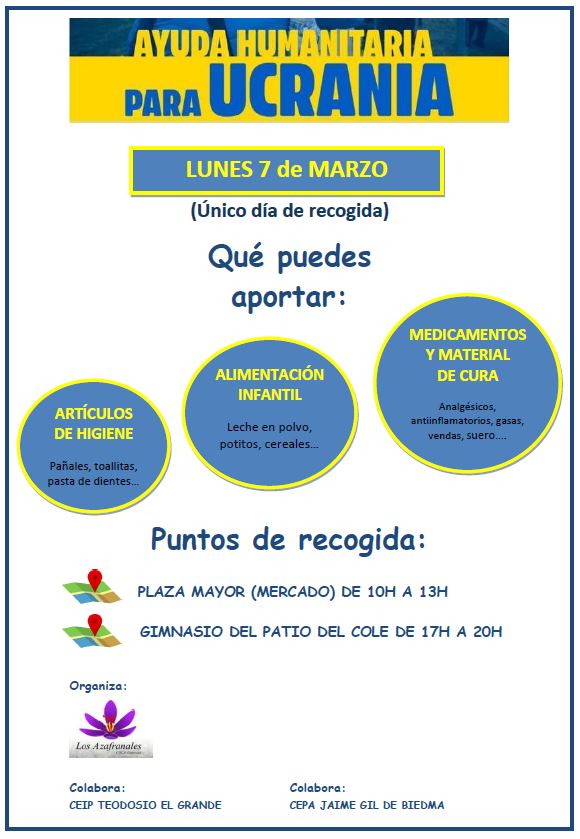 ceipteodosio's tweet photo. 📢RECOGIDA DE ALIMENTOS, MEDICAMENTOS, MATERIAL DE CURA Y PRODUCTOS DE HIGIENE INFANTIL PARA ENVIAR A UCRANIA  🇺🇦
📆Lunes, 7 de marzo
⏰De 17h a 20h
📍Hall del colegio (CEIP Teodosio El Grande)

Asociación Los Azafranales de Coca
CEIP Teodosio El Grande y CEPA Jaime Gil de Biedma https://t.co/mOI464IIQa