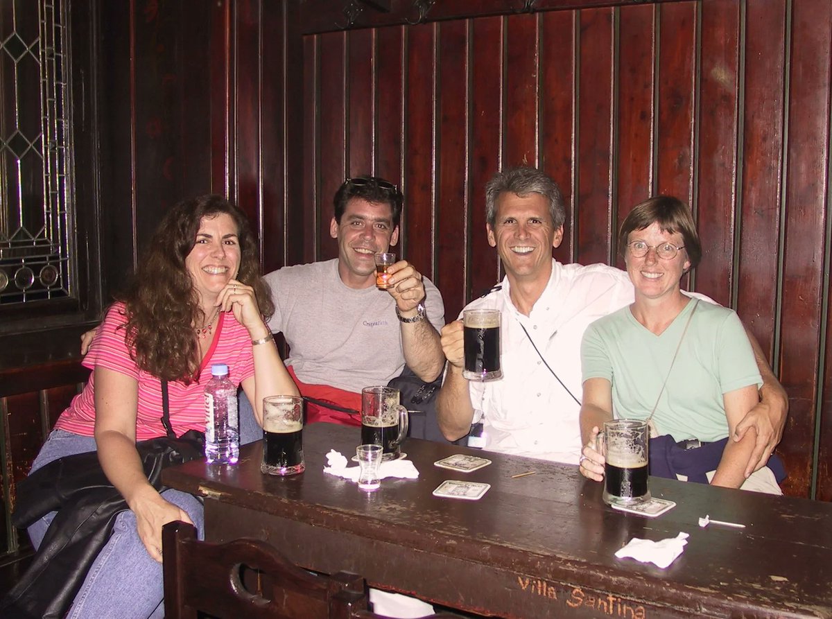 BruceOverby's tweet photo. Drinking at U Fleků in Prague, 2001, with sister Cynthia, cousin David Classen, and wife Caroline. U Fleků is the oldest brewery in Prague, and has been brewing continuously there since 1499. #TBT #Family #BeerLovers #BohemianHeritage #Fillipi #Travnicek #Empenger #Smisek https://t.co/KTaPKpLUas