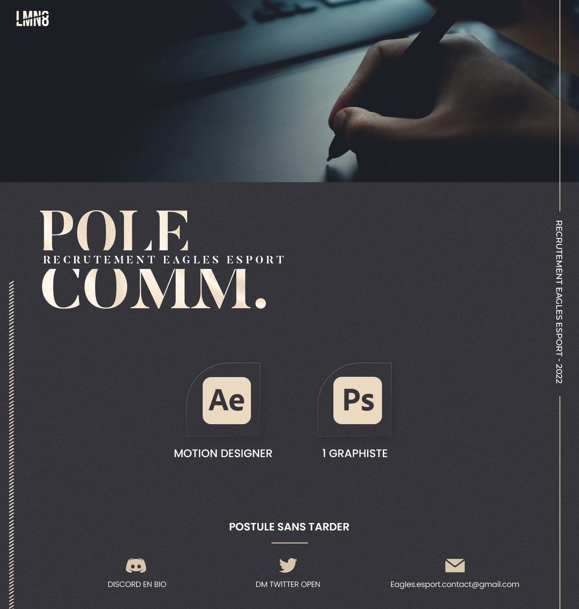 [#Recrutement] 📄

Nous recherchons actuellement un #MotionDesigner ainsi qu'un #Graphiste afin de venir compléter nos rangs en tant que bénévoles ! 🎨

Alors... vous intéressez-vous à ce domaine ? Nos DM sont ouverts et notre discord est en bio. 📩

#EaglesAssemble 🦅