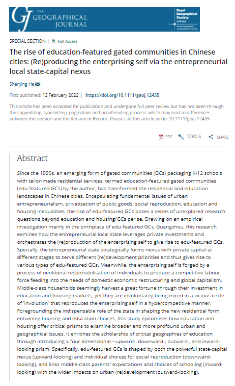 New in The Geographical Journal: 'The rise of education‐featured gated communities in Chinese cities: (Re)producing the enterprising self via the entrepreneurial local state‐capital nexus' by <a href="/heshenjing/">Shenjing He</a> (<a href="/HKUniversity/">The University of Hong Kong</a>). orlo.uk/153Tc
