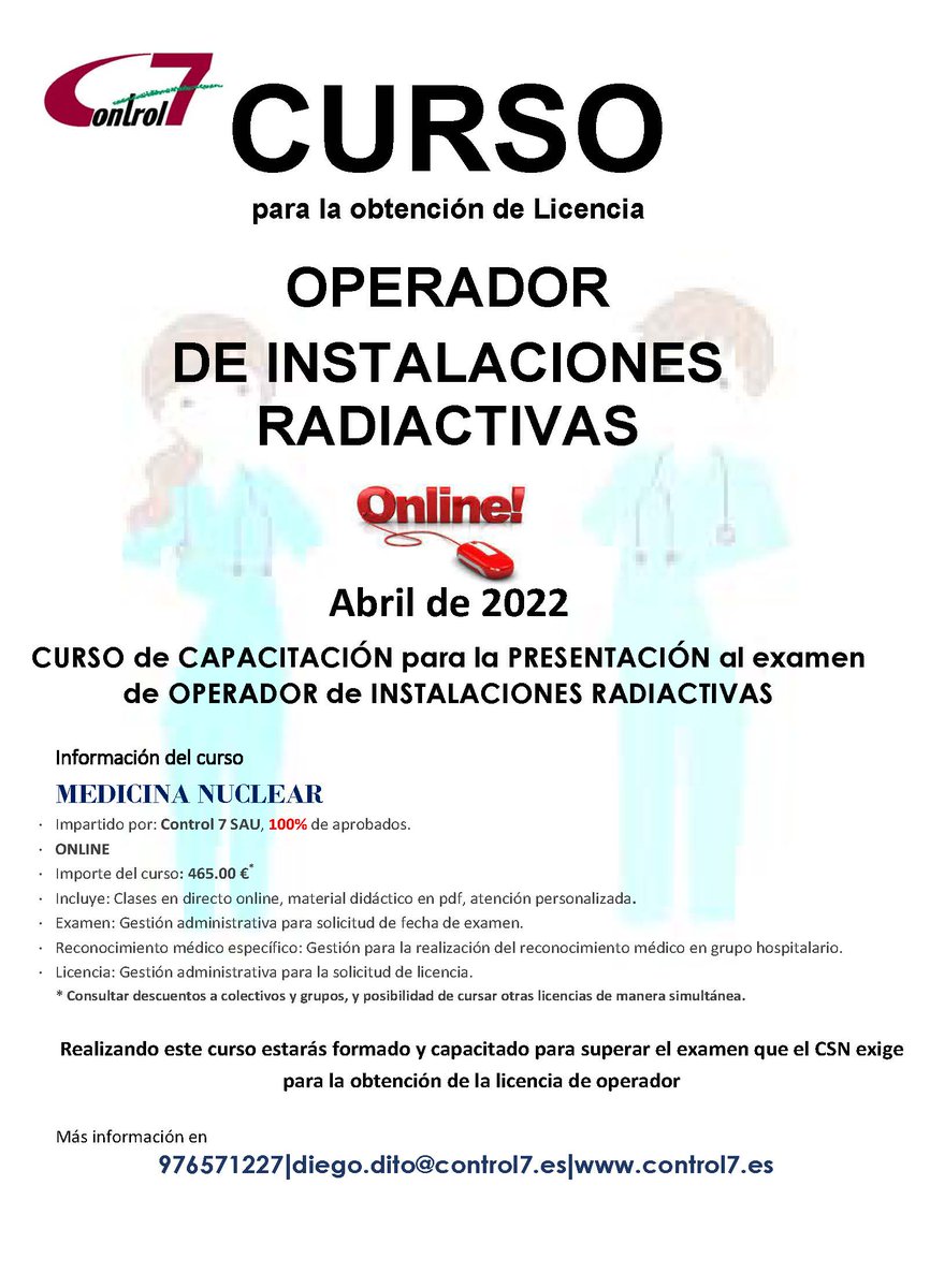 control7oficial's tweet photo. Y en abril, cursos mil. Apúntate a nuestros cursos de formación en protección radiológica que te permitirán conseguir tu licencia del CSN. Llámanos e infórmate #cursos #csn #formacion #operador #radioterapia #medicinanuclear #supervisor #cpta @control7oficial https://t.co/rPjvg1e07K