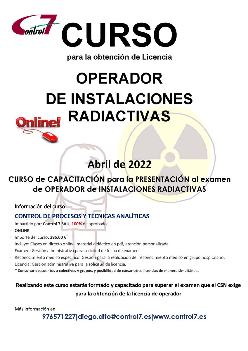 control7oficial's tweet photo. Y en abril, cursos mil. Apúntate a nuestros cursos de formación en protección radiológica que te permitirán conseguir tu licencia del CSN. Llámanos e infórmate #cursos #csn #formacion #operador #radioterapia #medicinanuclear #supervisor #cpta @control7oficial https://t.co/rPjvg1e07K
