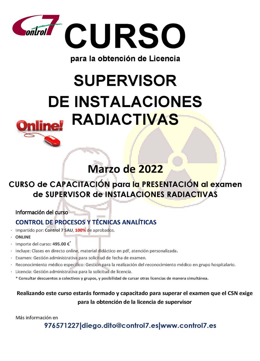 Y en abril, cursos mil. Apúntate a nuestros cursos de formación en protección radiológica que te permitirán conseguir tu licencia del CSN. Llámanos e infórmate #cursos #csn #formacion #operador #radioterapia #medicinanuclear #supervisor #cpta <a href="/control7oficial/">Control7</a>