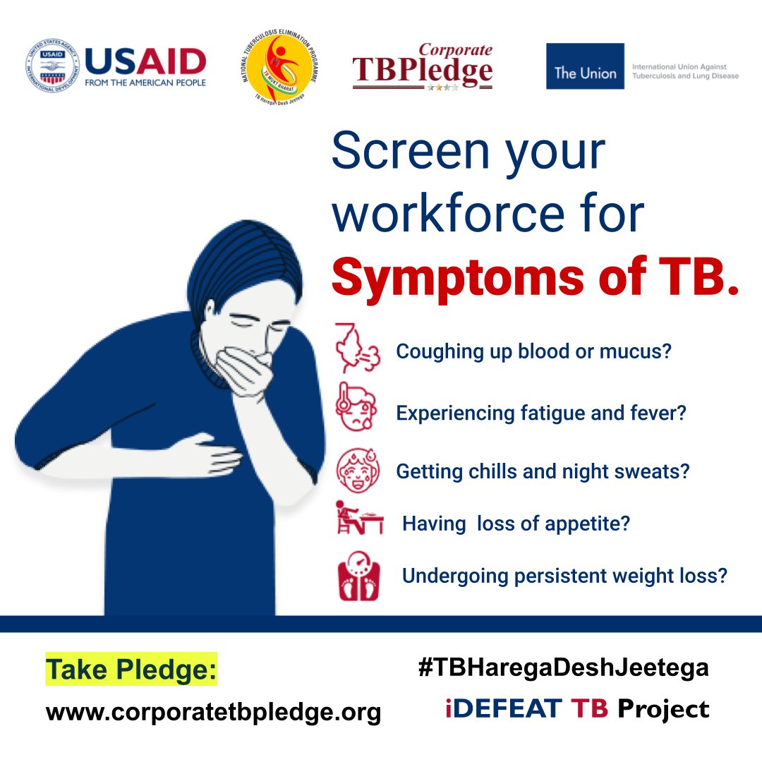 Do you have mechanisms for regular screening of TB at your workplace?
Take the Corporate TB Pledge and get technical support to create TB Free Workplace for your people. 
Visit corporatetbpledge.org for more information.

#iDEFEATTBProject #TBHaregaDeshJeetega