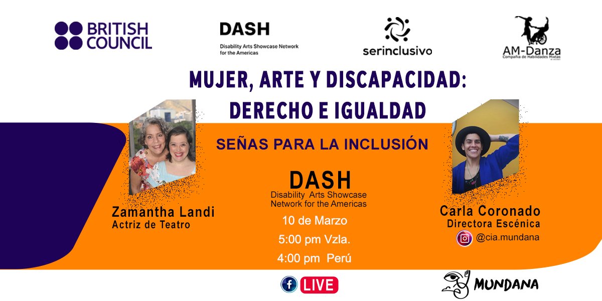 amdanzamixta's tweet photo. A propósito del Día Internacional de la Mujer, te invitamos al foro: “Mujer, arte y discapacidad. Derecho e igualdad”, el jueves 10/03 a las 5:00 pm en vivo por Facebook Life. Busca reconocer el arte como derecho y construcción de acciones para una sociedad cada día más inclusiva https://t.co/HpZrlBnDak