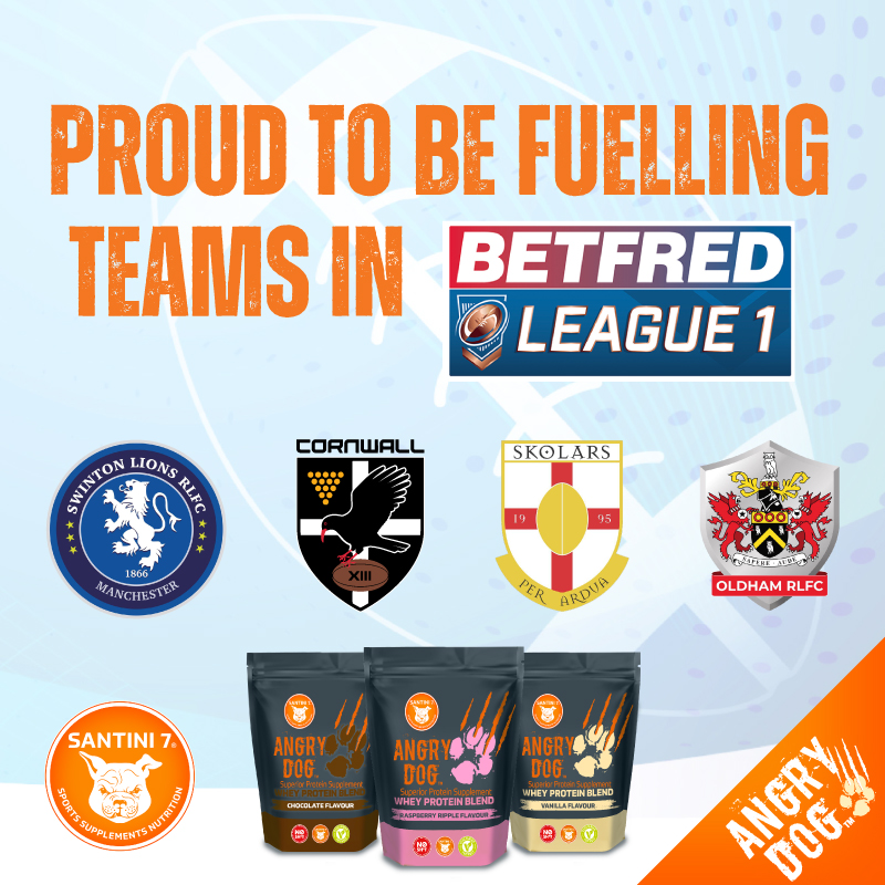 Santini 7® are proud of our partnerships with Rugby League teams in Betfred League 1

Our Angry Dog™ Whey Protein #Supplement will be fuelling their <a href="/TheRFL/">Rugby Football League</a> campaigns

Nutritional Partners:
<a href="/Swinton_Lions/">Swinton Lions RLFC</a>
<a href="/roughyeds/">Oldham RLFC</a>
<a href="/CornwallRLFC/">Cornwall RLFC</a>
<a href="/LondonSkolarsRL/">LondonSkolarsRL</a>

<a href="/England_RL/">England Rugby League</a> <a href="/Tom_Varndell/">Tom Varndell</a>