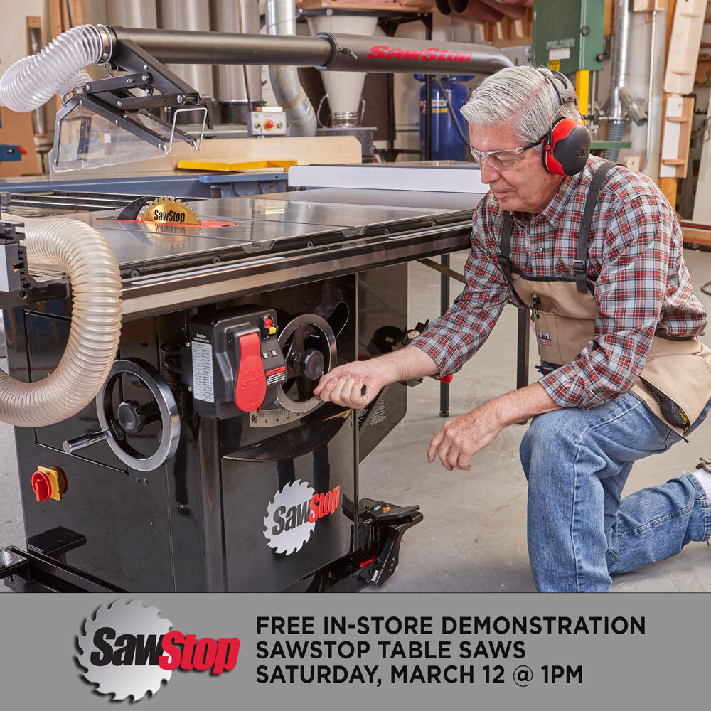 Woodcraft's tweet photo. SAWSTOP TABLE SAWS DEMONSTRATION - Saturday 3/12-See an in-store #demonstration of #SawStop #tablesaws! Learn all about their patented "Flesh Detection Technology"! @sawstop https://t.co/A1VOaQE5Gi #woodcraft #woodworkingdemo #woodworkingclass #shopsafety https://t.co/d0U8YuJ2Nj