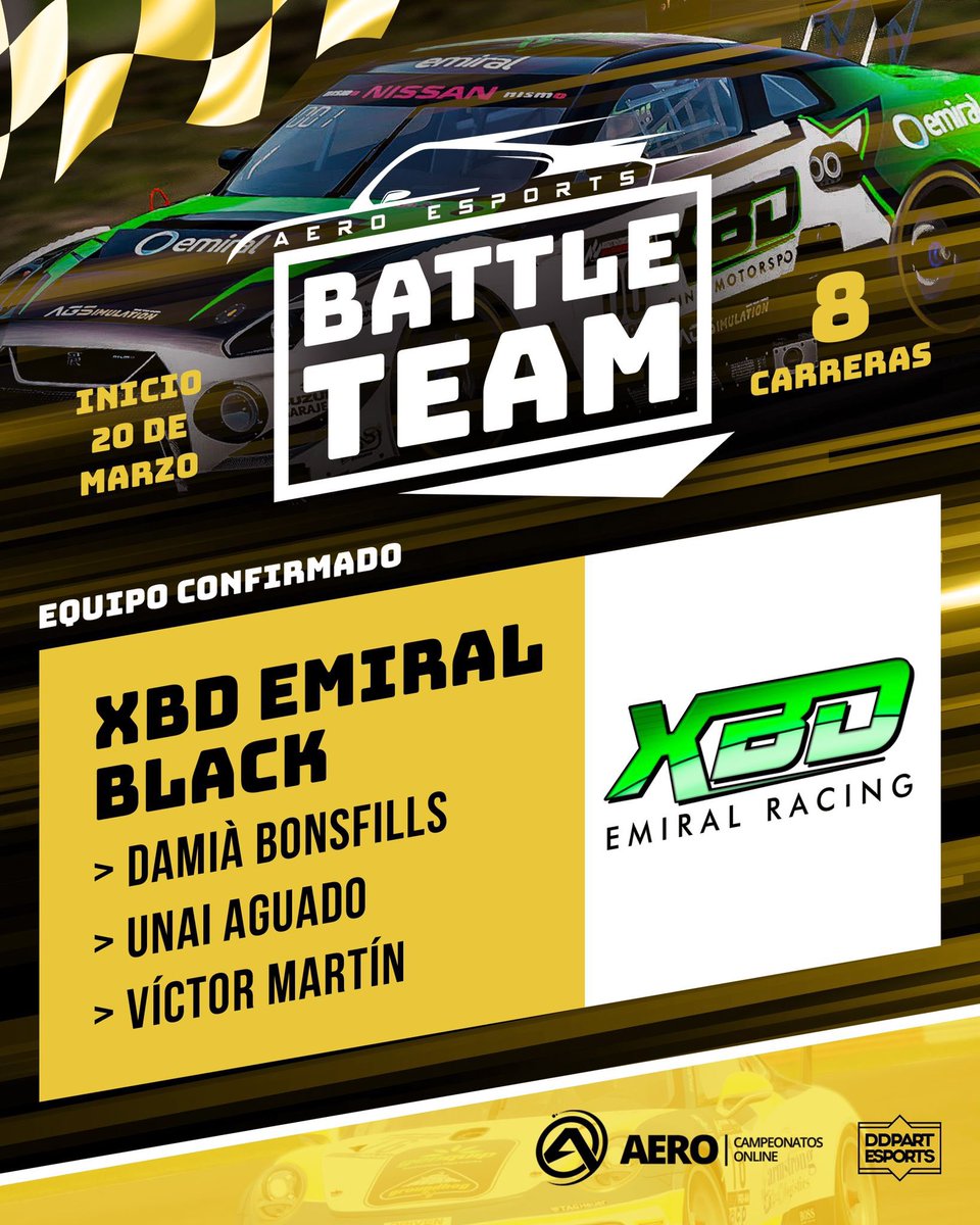 🔊 Battle Team

Hola <a href="/xbdracing/">XBD Racing Motorsport</a> !

• El ganador de la Copa Apertura, <a href="/Unai10Aguado/">Unai Aguado</a> , estará acompañado de @bamiadonsfills y @Blas7ergun para luchar por las victorias en esta Battle Team 

#simracing #beACC