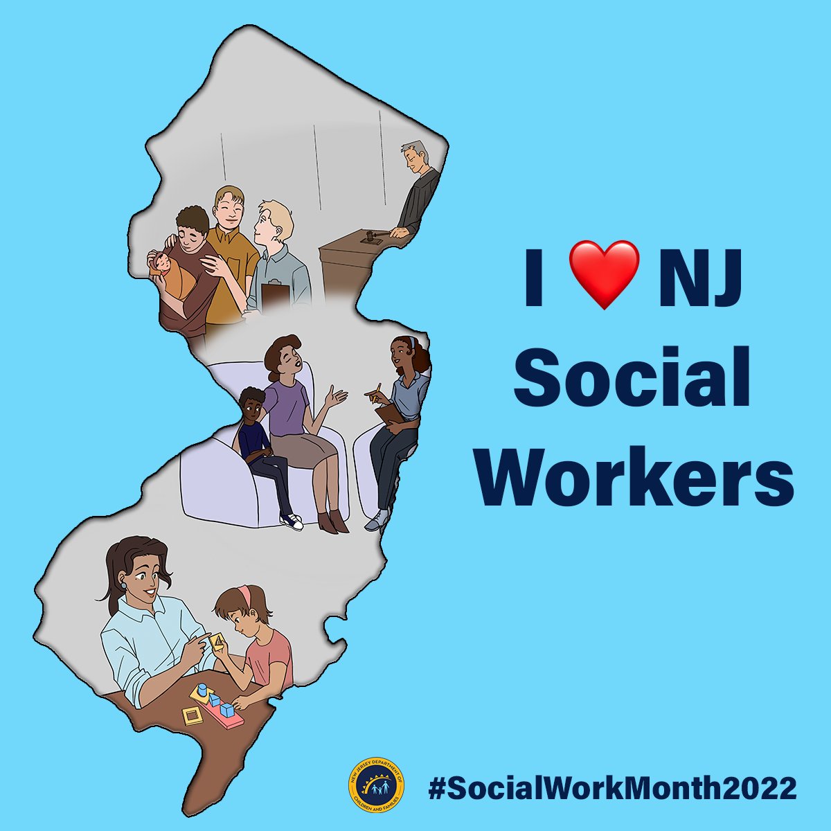 NJDCF's tweet photo. NJ ♥️'s Social Workers!

March is #SocialWorkMonth, and we're proud to celebrate all social workers —on #TeamDCF and throughout our provider network.

Your courage, selflessness &amp; commitment are helping NJ families stay #safehealthyconnected.

🙌Thank you for all that you do! https://t.co/tn0np9DnWO