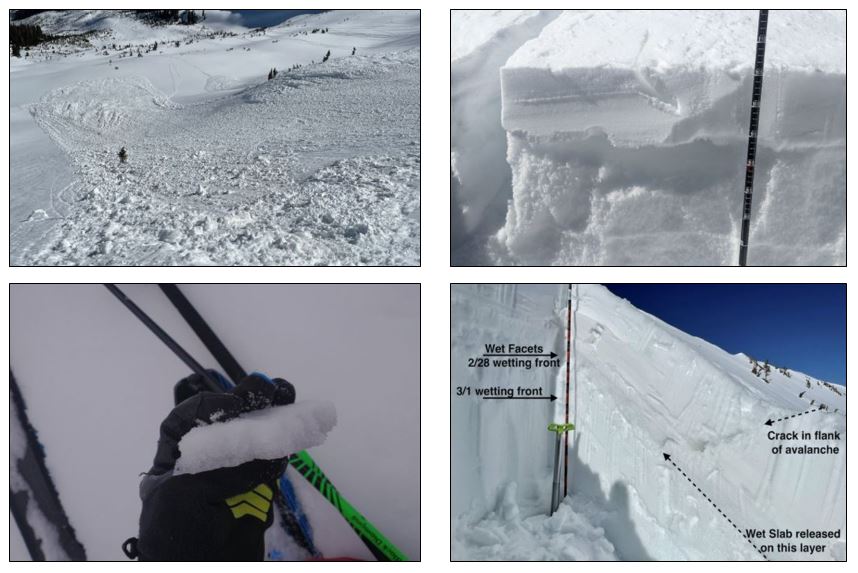 COAvalancheInfo's tweet photo. #CAICFrontRange MOD (2of5) You can trigger a dangerous avalanche on northerly through easterly-facing slopes at upper elevations. Use caution in these areas. Temperatures are warm. Look for wet gloppy snow or rollerballs to indicate wet snow problems. https://t.co/mHFwzEYUYZ https://t.co/yLeg2aSJ5q