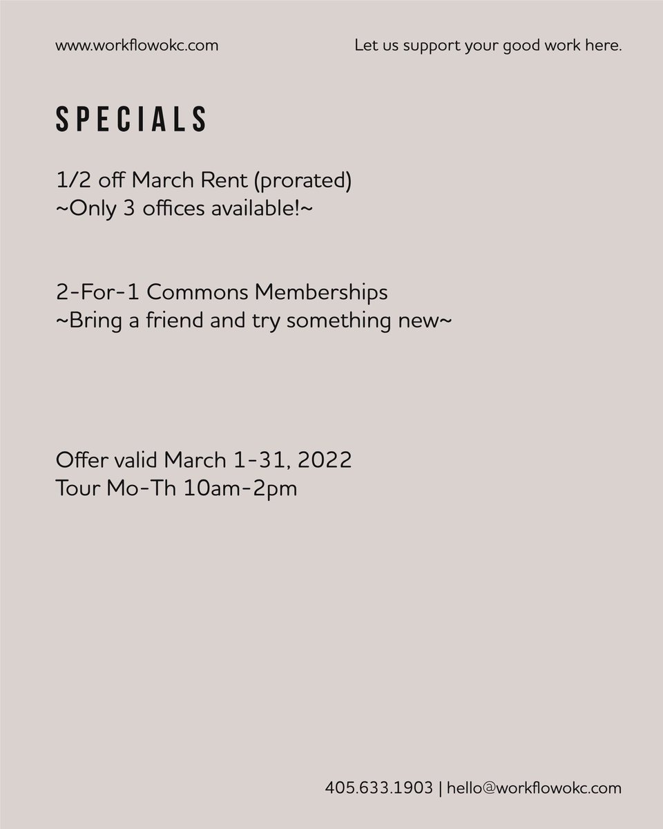 Many ways to engage at Workflow this month, we’ve expanded our hours and programming! 

Plus - March move in specials 🎉

Three offices ready for immediate move in. Schedule a personal tour: 

Calendly.com/workflowokc