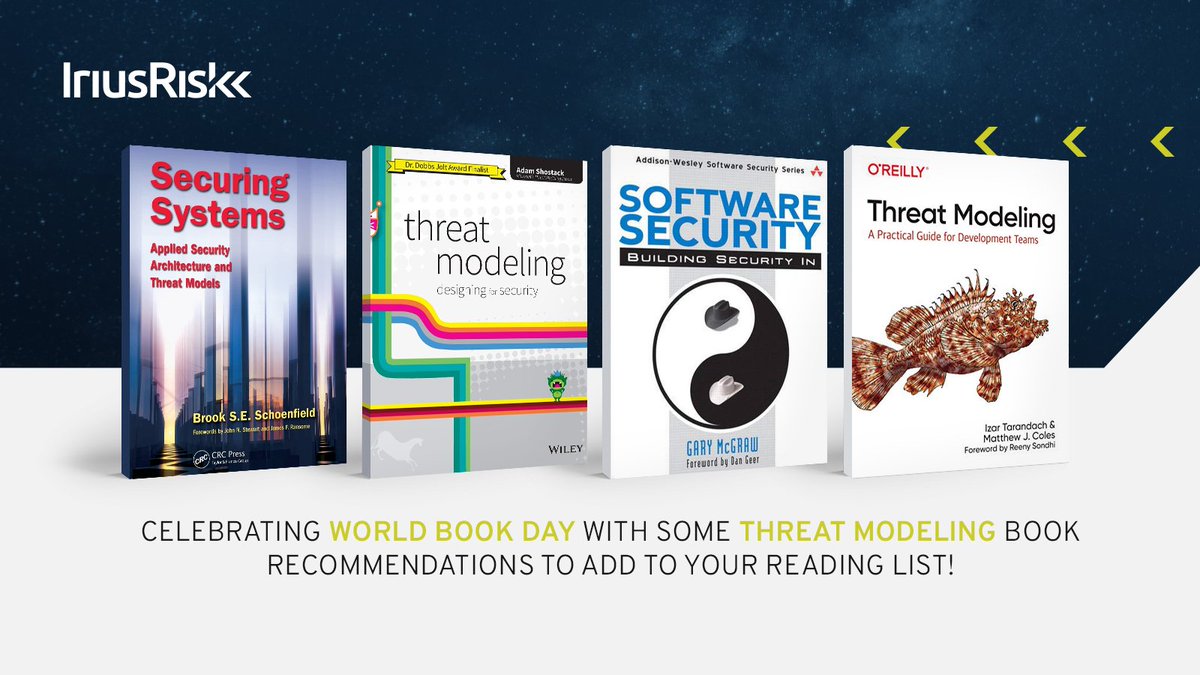 It’s #WorldBookDay! What better way to celebrate than sharing some of <a href="/IriusRisk/">IriusRisk</a>'s recommended #ThreatModelling reads to add to your bookshelf! 
<a href="/cigitalgem/">Gary McGraw</a> <a href="/adamshostack/">adam shostack</a> <a href="/izar_t/">Izar Tarandach 🎗️</a> <a href="/coles_matthewj/">Matthew Coles</a> <a href="/BrkSchoenfield/">Brook Schoenfield - Elder Statesman for AppSec</a>. Links in the comments 

#cybersecurity #securedesign #startleft