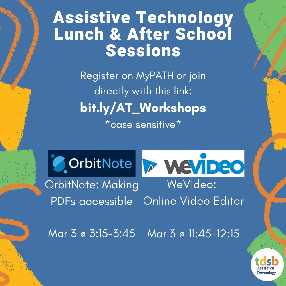 TDSB Assistive Technology (@tdsb_at) on Twitter photo Join us TODAY for quick overviews of WeVideo and OrbitNote at lunch and after school. bit.ly/AT_Workshops <a href="/LC1_TDSB/">Learning Centre 1</a> <a href="/LC2_TDSB/">Learning Centre 2</a> <a href="/LC3_TDSB/">TDSB LC3</a> <a href="/LC4_TDSB/">Learning Centre 4</a> Join us TODAY for quick overviews of WeVideo and OrbitNote at lunch and after school. bit.ly/AT_Workshops <a href="/LC1_TDSB/">Learning Centre 1</a> <a href="/LC2_TDSB/">Learning Centre 2</a> <a href="/LC3_TDSB/">TDSB LC3</a> <a href="/LC4_TDSB/">Learning Centre 4</a>
