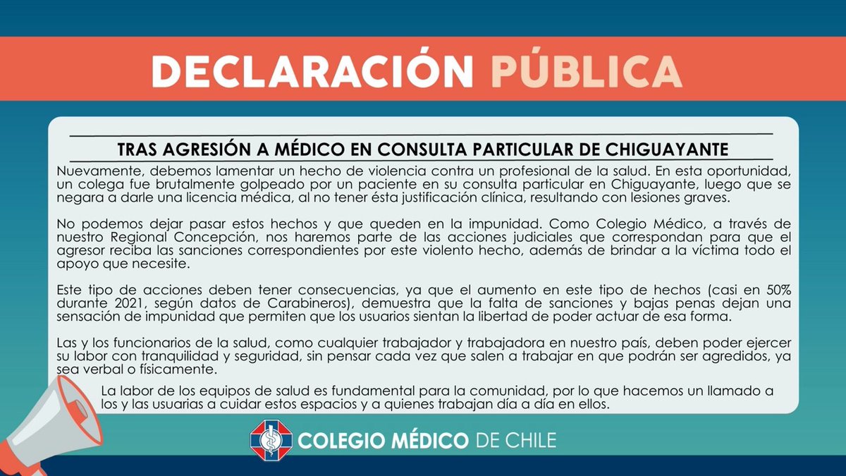 colmedchile's tweet photo. #DeclaraciónPública 📢
Compartimos declaración de Mesa Directiva Nacional tras hechos de violencia contra un profesional de la salud. Desde #Colmed reprochamos estas acciones y lamentamos que sigan pasando. Nadie merece ser violentado en su lugar de trabajo.
#SaludSinViolencia https://t.co/Sslby2qYBD
