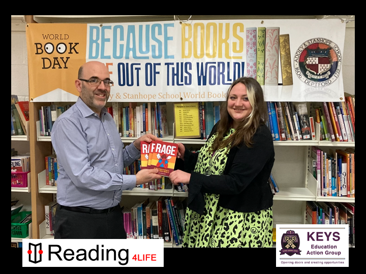 reading4life's tweet photo. Reading 4Life, sponsored by Keys Education Action Group, are proud to present Addey and Stanhope School copies of Paul Rowbotham's book Rage, celebrating World Book Day. 

#worldbookday #reading4life https://t.co/Fbu6AxB2br