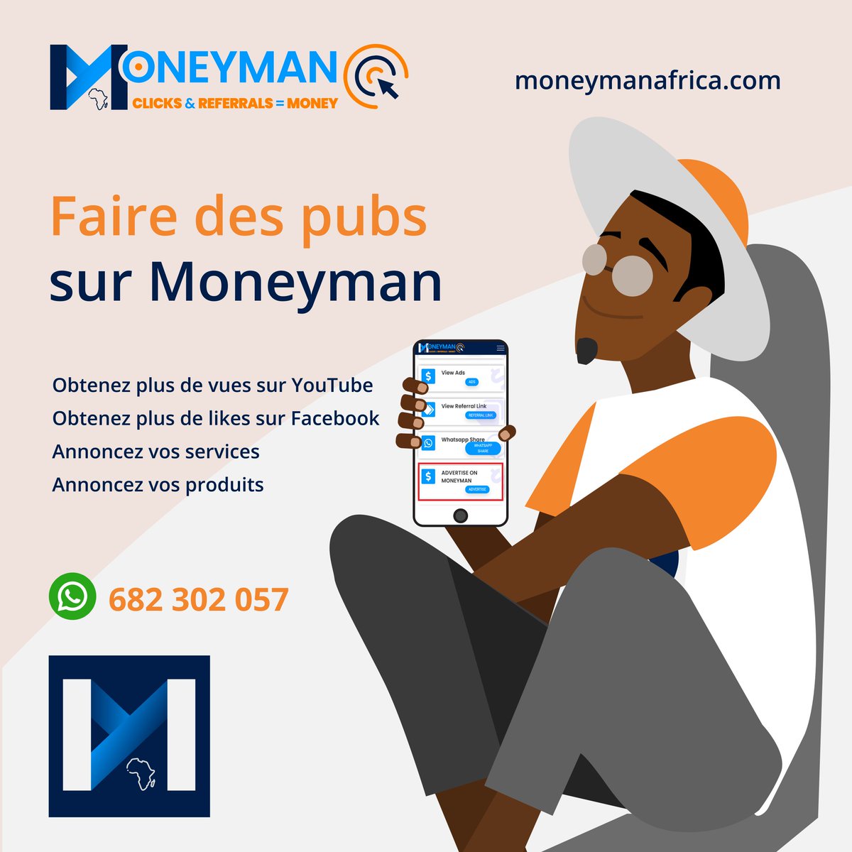 Faites valoir vos services maintenant sur Moneyman. 
Qu'est-ce que tu attends??
-obtenez des vues sur vos videos YouTube 
-obtenez plus de Likes sur vos pasges Facebook 
-obtenez des visites sur vos sites Web et plus encore.
-faites valoir vos services.