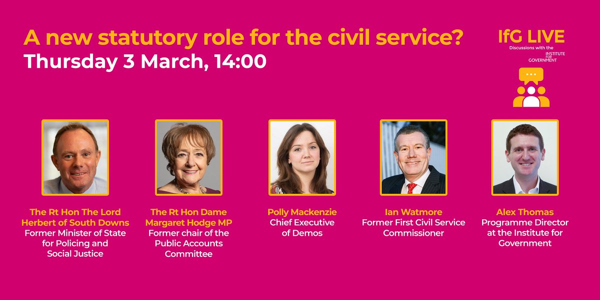 ifgevents's tweet photo. 🚨Starting in 15 minutes!🚨
Join us for a fascinating discussion on the future of the civil service. As we @instituteforgov publish a paper on the topic, we will be pondering whether the civil service needs to be placed on a statutory footing.
Watch live: https://t.co/KvCaDeuycp https://t.co/WwqicEzfr4