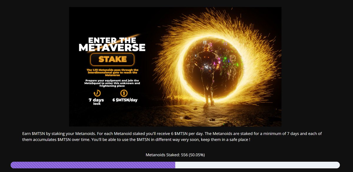 Staking officially live !🎉

Collaborating with the great <a href="/bape_SOL/">gabriel.sol (Bored King)</a> 
It's time to get some $MTSN👀
Utilities and LP coming soon⚡️

50% already staked. Probably nothing..

#AHOO #Metanoids #NFTCommunity