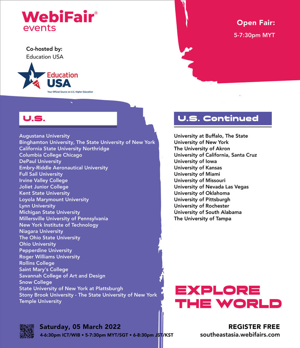 EdUSAMalaysia's tweet photo. Are you currently researching for universities in the U.S.? Attend this virtual education fair tomorrow at 5:00pm.

Explore universities, meet one-on-one with admission officers and stand a chance to be entered in a lucky draw!

Register now: https://t.co/g68Icqc744 https://t.co/32PDj66fCD