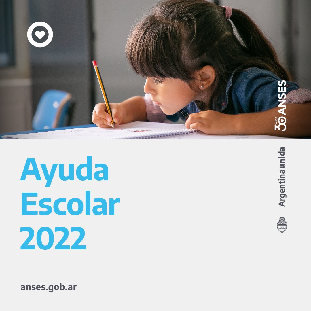 📚 AYUDA ESCOLAR 2022

Si recibís una Asignación Familiar o Universal por tus hijas e hijos de 4 a 16 años, vas a cobrar la #AyudaEscolar Anual en marzo de manera automática en la misma fecha y cuenta que tu prestación.