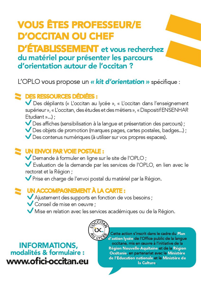 locongres's tweet photo. [OC] Dens l'encastre deu son PLAN D'ACCION LICÈU, l'#OPLO que publica un kit d’orientacion #occitan
[FR] Dans le cadre de son PLAN D’ACTION LYCEE, l'#OPLO publie un Kit d’orientation #occitan
https://t.co/Z2wip766kd https://t.co/6ts4btMwuR