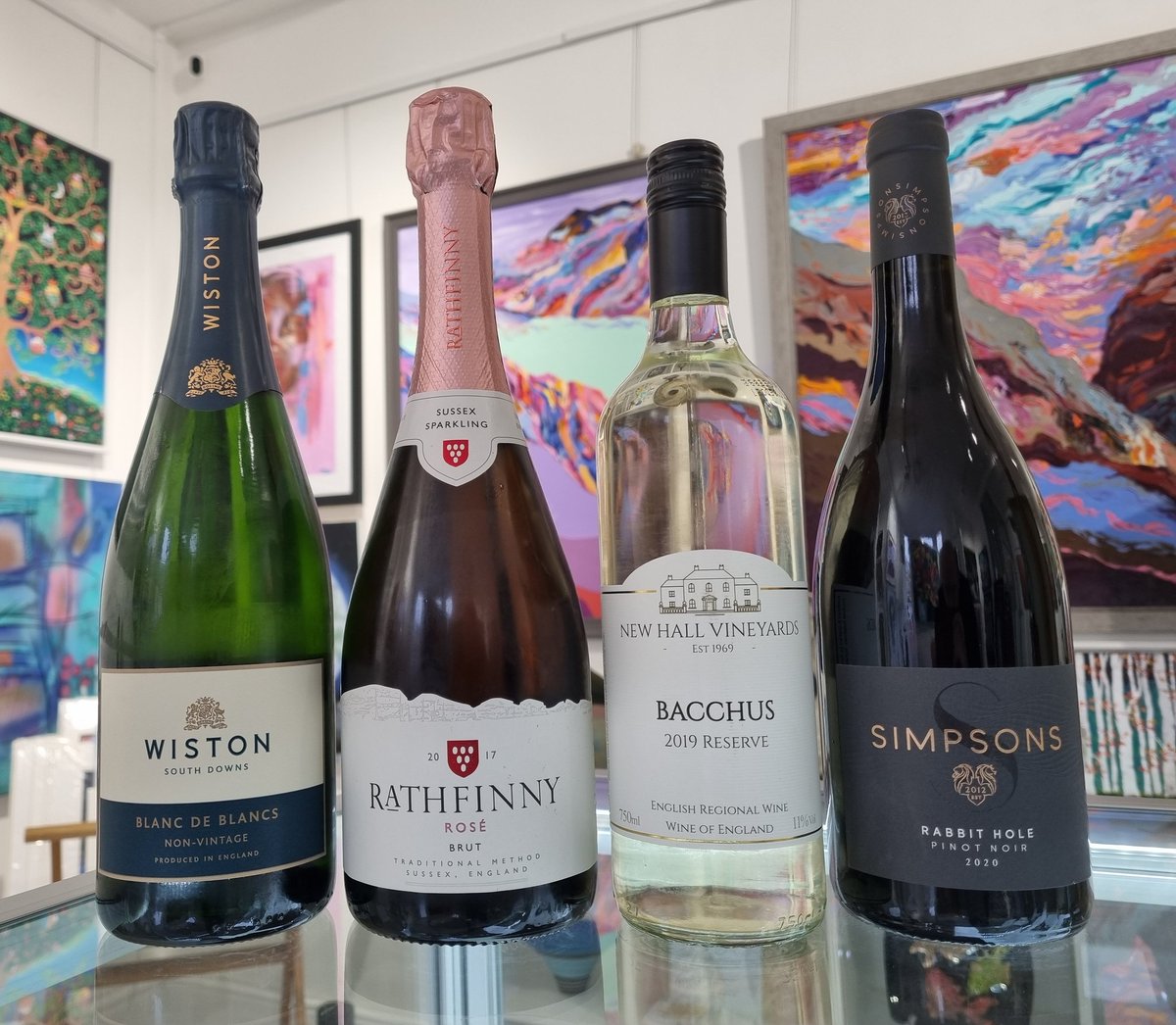 4 stunning British wines, ready for our British Wine and Art event tonight, courtesy of our neighbours <a href="/lokiwine/">Loki Wine</a>