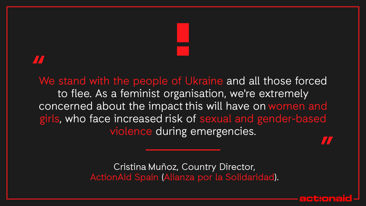 ActionAid's tweet photo. “We stand with the people of Ukraine and all those forced to flee. As a feminist organisation we're extremely concerned about the impact this will have on women and girls, who face increased risk of sexual and gender-based violence during emergencies” @Cris_Ifu_ @AxSolidaridad https://t.co/jwRglDeNSm