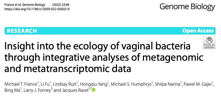 Great to see our latest #research published in @GenomeBiology. 'Insight into the ecology of vaginal bacteria through integrative analyses of metagenomic and metatranscriptomic data' #VaginalMicrobiota @GenomeScience @UMmedschool rdcu.be/cH2iC