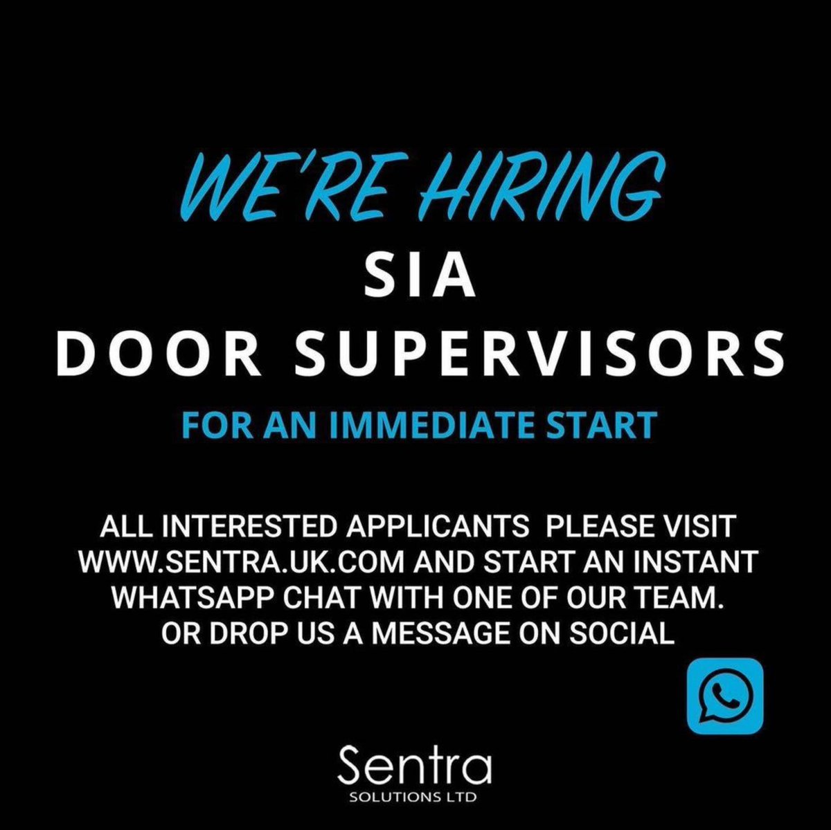 We’re hiring door supervisors for an immediate start in Essex &amp; London. 

If you would like to join our team, please visit our website (see bio) and start an instant whatsapp chat with one of our team.