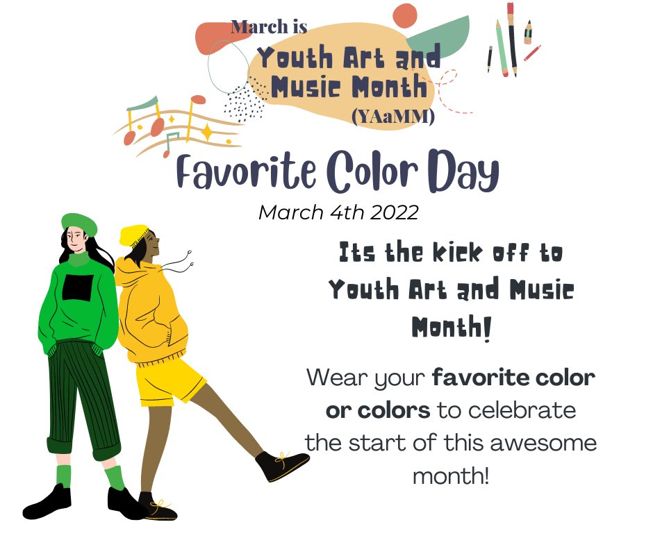 SCES_Resource's tweet image. Tomorrow is our kick off for YOUTH ART AND MUSIC MONTH SPIRIT WEEKS! Favorite color day is the day to show off your fav outfit in your fav color! @ccpsinfo @CCPSVISARTS @SCESStars @Youthartmonth @VAartED