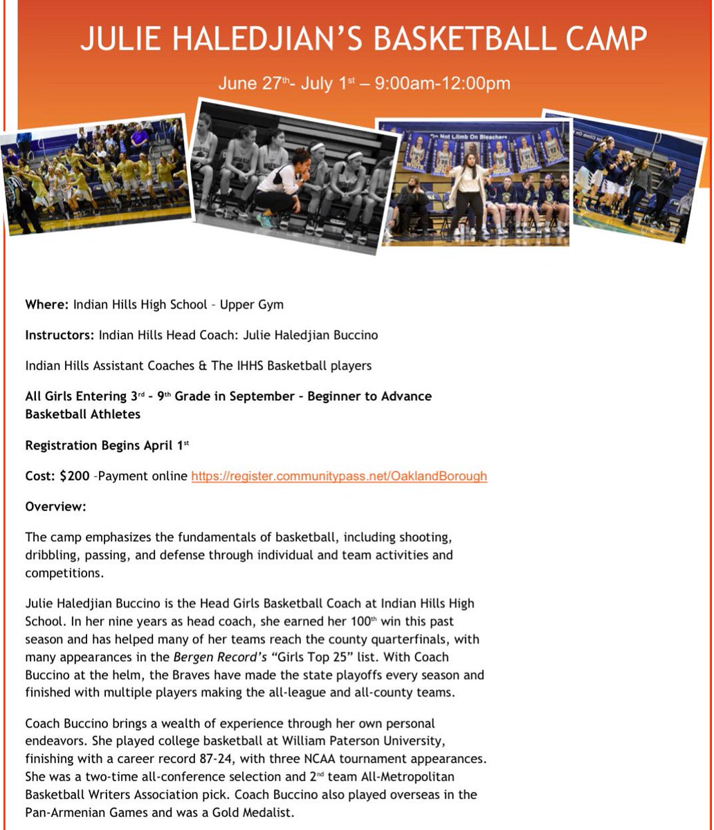 Registration for Julie Haledjian’s Basketball Camp is now open! June 27th-July 1st from 9-12pm! Click the link below to register! <a href="/OaklandBorough/">Oakland, NJ</a> register.communitypass.net/OaklandBorough