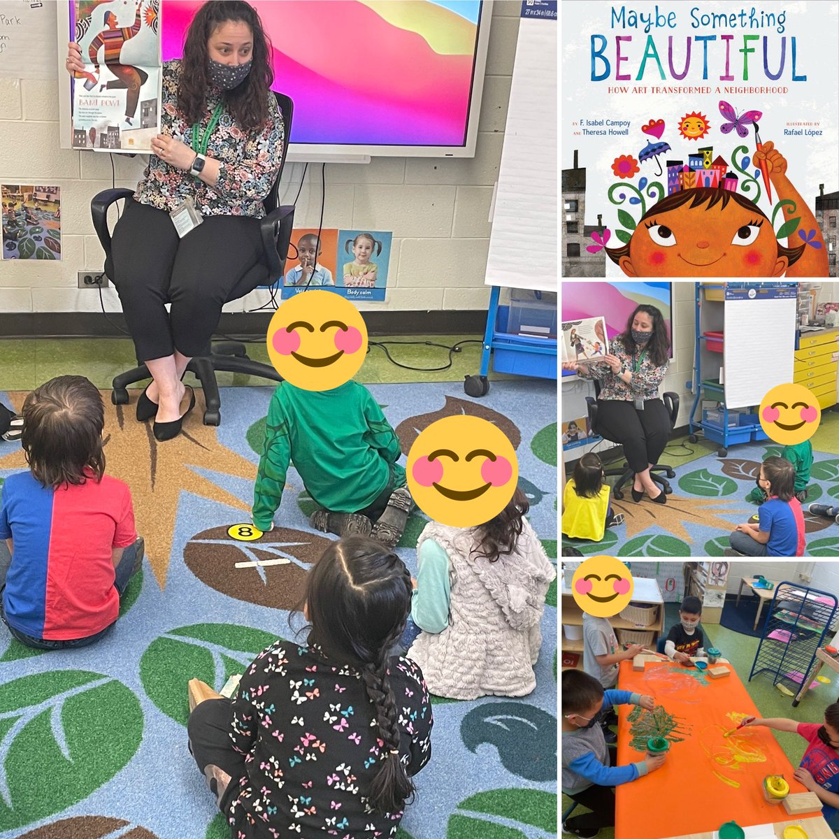 MsSuzanne_HIA's tweet photo. We were so excited to welcome Miss Sam into our classroom yesterday! As our mystery reader for Read Across America Week she read Maybe Something Beautiful. We were inspired by this book and created our own mural! Thank you for visiting us Miss Sam 😊#hiawathapride #d100inspires https://t.co/uFZfo2IJuu
