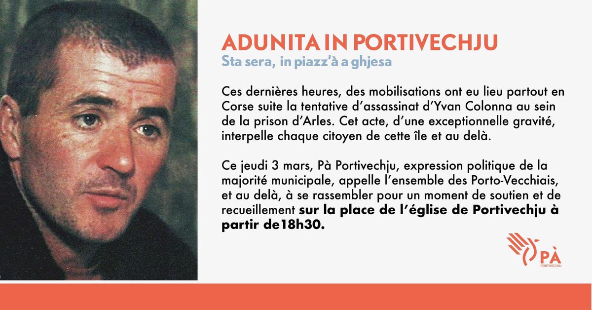 #ADUNITA Sta sera, à 6 ori è mezu, in piazz'à a ghjesa di Portivechju !