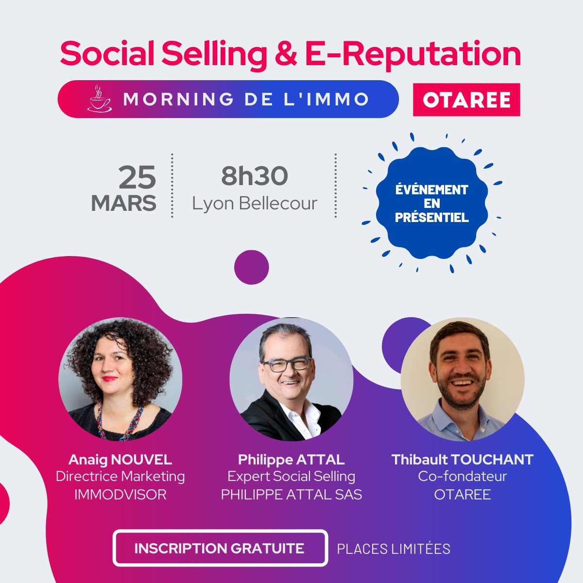 OTAREE vous invite à son prochain [ ☕️ MORNING DE L'IMMO ] -  Social Selling &amp; E-Réputation | RDV le 25/03 à 8h30, à Lyon !

Venez nous rencontrer et partager un moment convivial autour d’une thématique phare !

Inscription 💯% gratuite ! Places limitées 👉marketing.otaree.com/morning-immo-2…