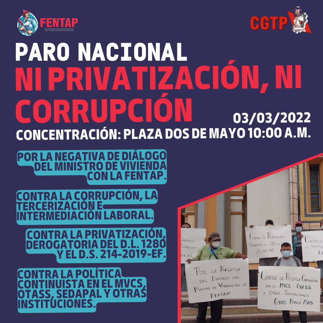 sindicatoSUTTP's tweet photo. Contra la privatización, la corrupción, la eliminación de la tercerización, contra la política del continuismo privatizador en el M. de Vivienda Perú, OTASS, Sedapal, EPS, porque instituya un dialogo permanente entre la #FENTAP y el #MinisterioDeVivienda.
@cgt_peru @Peoples_WFTU https://t.co/yTH8WCagff