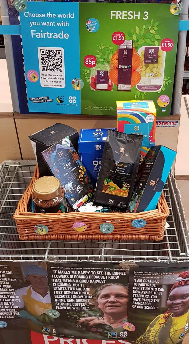Loving this #fairtradefortnight art work in our #ormiston <a href="/coopuk/">Co-op</a> . Unsure what #Fairtrade is? Just scan the QR code on second photo to read stories and find information, or pop into store. #ClimateCrisis #support #ItsWhatWeDo