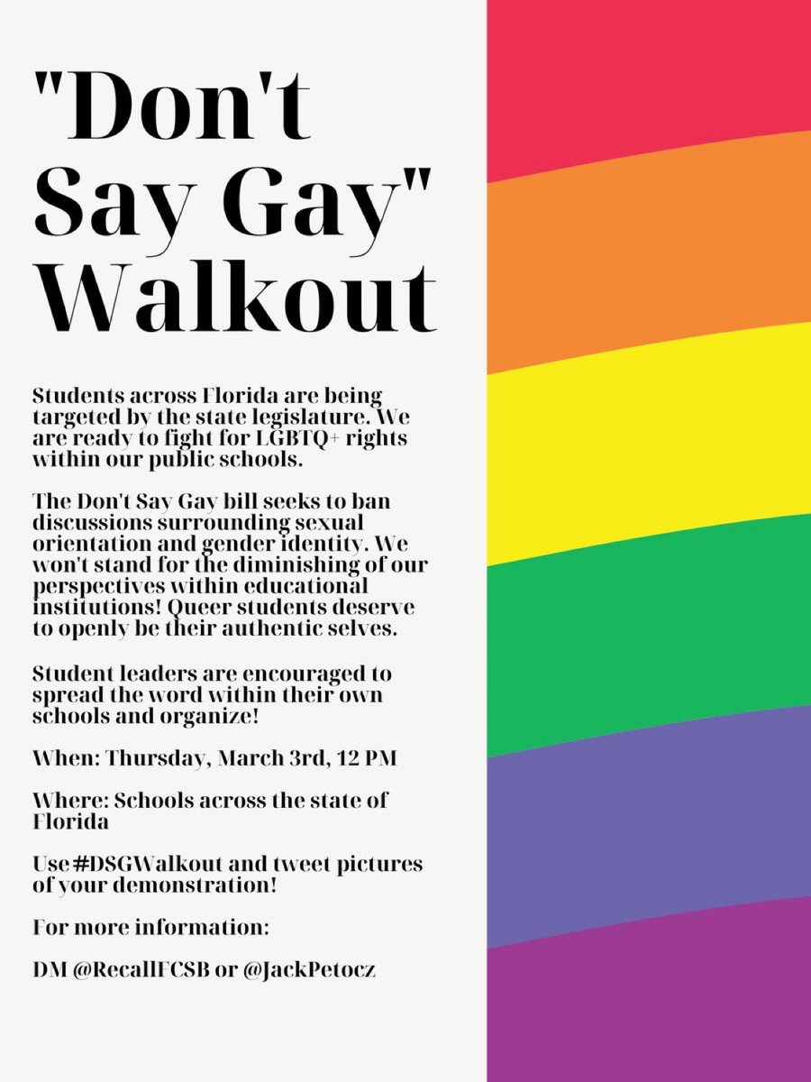 f_giugliano's tweet image. Don't Say Gay Walkout 12Noon Today 3/3
(Everyone please tweet or rt this, especially Floridians)