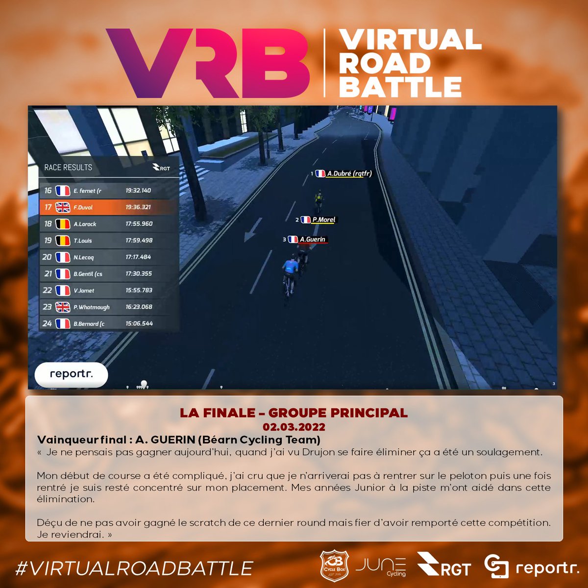 RFConnectee's tweet photo. ⚡Interview - Virtual Road Battle⚡
🎙@alexisguerin33 (Béarn Cycling Team)
Vainqueur Final
#VirtualRoadBattle #ECyclisme #RGT https://t.co/OoQHfscwEO