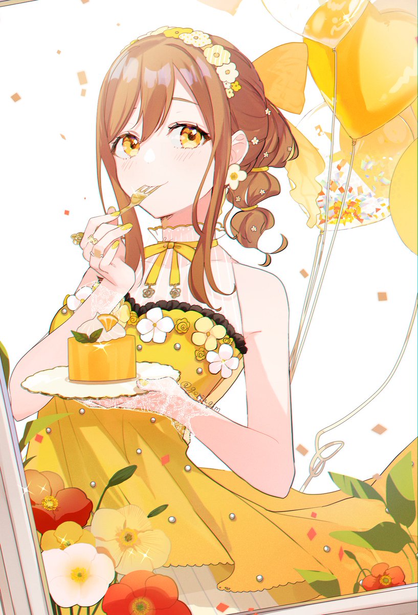 kunikida hanamaru 1girl dress flower solo food cake balloon  illustration images