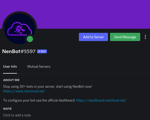 Hello everyone!

We're glad to announce that NenBot has been successfully verified by Discord!

We'll never forget this milestone and that happened thanks to you all, your support is what we need to continue to keep NenBot up. Really, thanks to everyone.