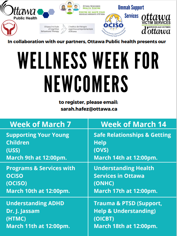 OLIP_PLIO's tweet image. TO SHARE WITH CLIENTS

Ottawa Public Health is hosting a Wellness Week for Newcomers over the second and third week of March.  More info in the poster below. 👇