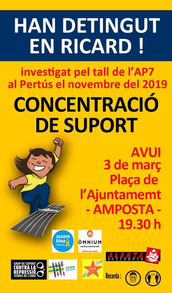 Avui també hi hem de ser!, 
📢 A les 19:30h a la Plaça del ajuntament d'Amposta, en suport a Ricard. 
Detingut i portat a Figueres per declarar pel tall de l'AP7.
La #Desobediència és el camí!
#INDEPENDÈNCIA
La solidaritat la nostra millor arma!