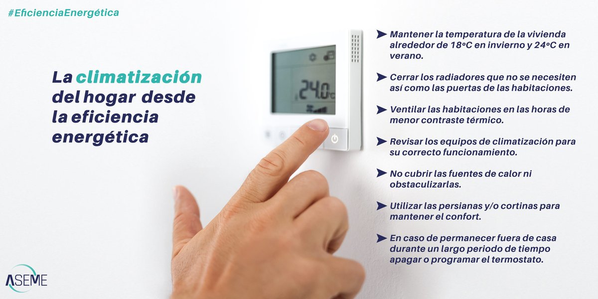 _ASEME's tweet photo. Gran parte del #ConsumoEnergético se produce en la #climatización🌡️ de la vivienda, unos buenos hábitos de consumo ayudarán a reducir el uso de la #energía ⚡y alcanzar una mayor #EficienciaEnergética👌.

¿Quieres saber más? 👉 https://t.co/fHRaTkRm8b https://t.co/lP6YjLPYzJ