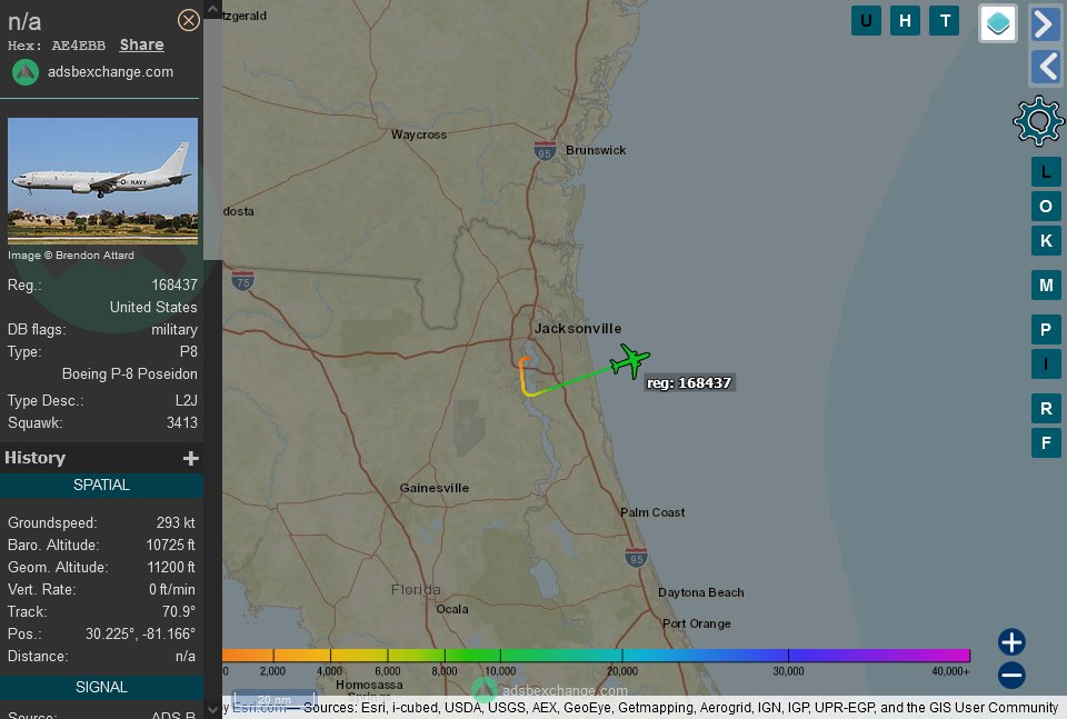 TheIntelFrog's tweet photo. P-8A Poseidon #AE4EBB as LL808 checking in with SEALORD. He'll be working the 136D area for the next 1+00 hours. https://t.co/dfnSHhtYp6