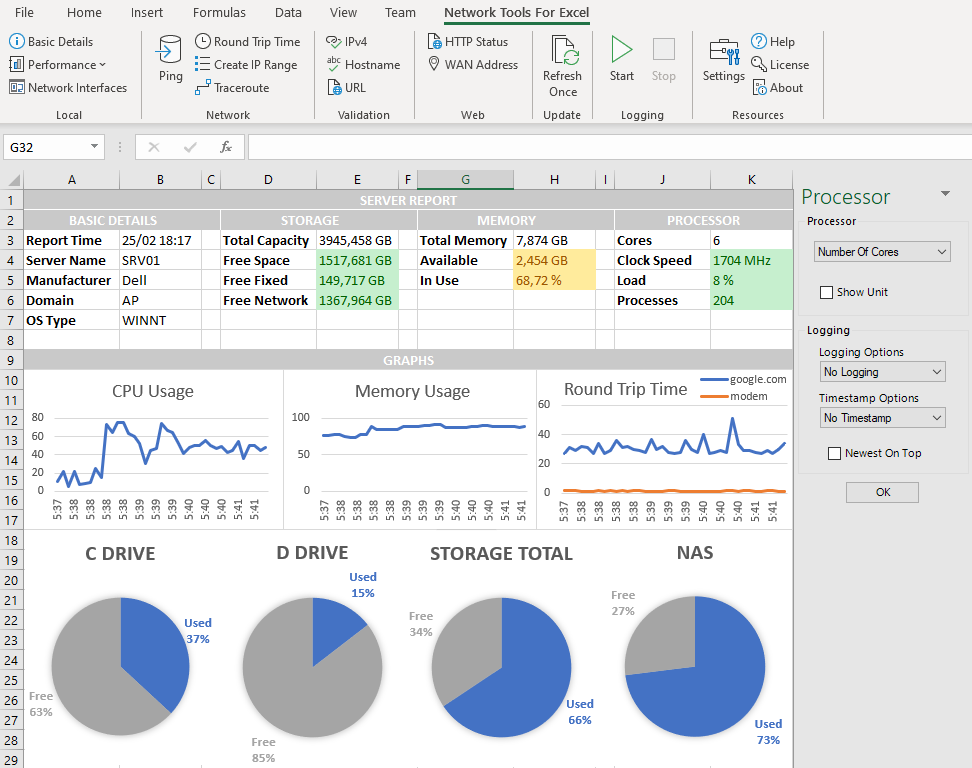 automationport's tweet photo. Network Tools For Excel allows you to receive, view and log local computer and network information such as actual processor load, memory usage, storage information, … . #NetworkAdmin #ict #Server #ictengineer #networks #Ping #Dashboard #Report #excel https://t.co/uFvBNtNKWP