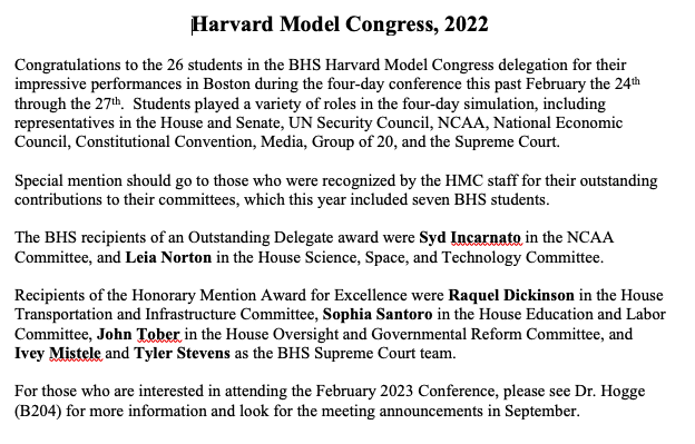 BernardsHS's tweet photo. Congratulations to our 26 students who attended Harvard Model Congress this past weekend. Seven of our students were recognized for outstanding contributions:
Syd Incarnato
Leia Norton
Raquel Dickinson
Sophia Santoro
John Tober
Ivey Mistele
Tyler Stevens
Well done! https://t.co/AtjLxiALwu