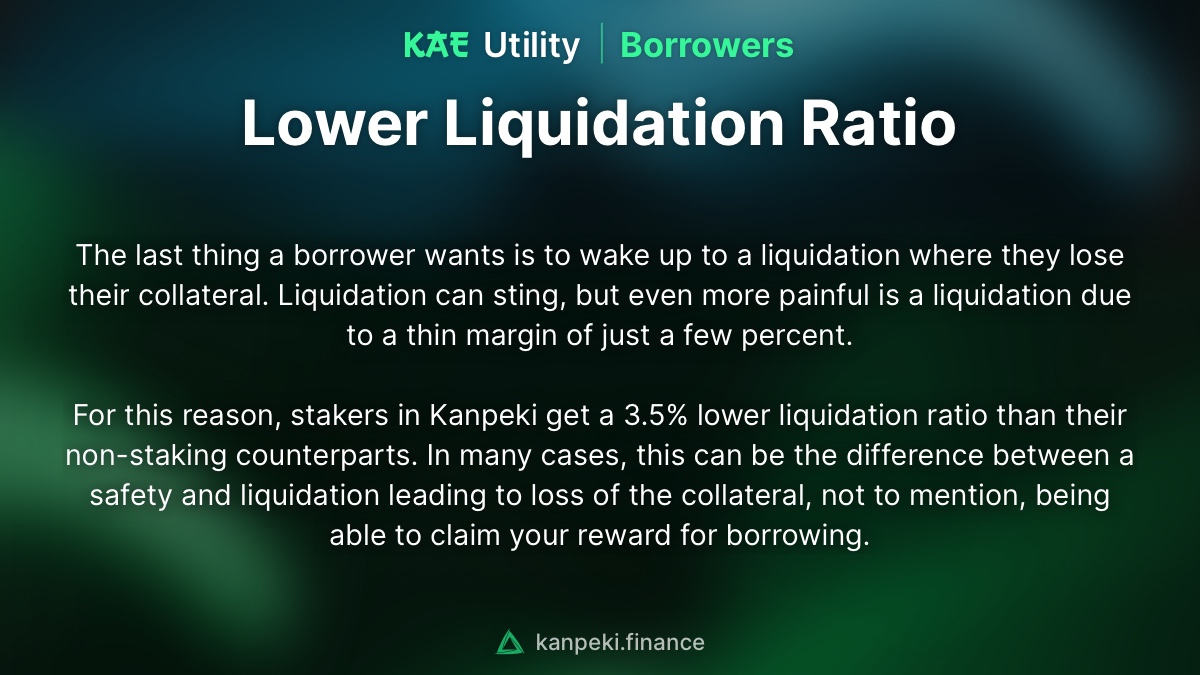 kanpeki_finance's tweet image. Sometimes, a couple percent is the difference between a safe loan and a liquidation.

Want a little more wiggle room? Borrowers can stake $KAE and receive a 3.5% lower liquidation ratio on all debts.

#kaeUtility #kanpeki #DeFi
