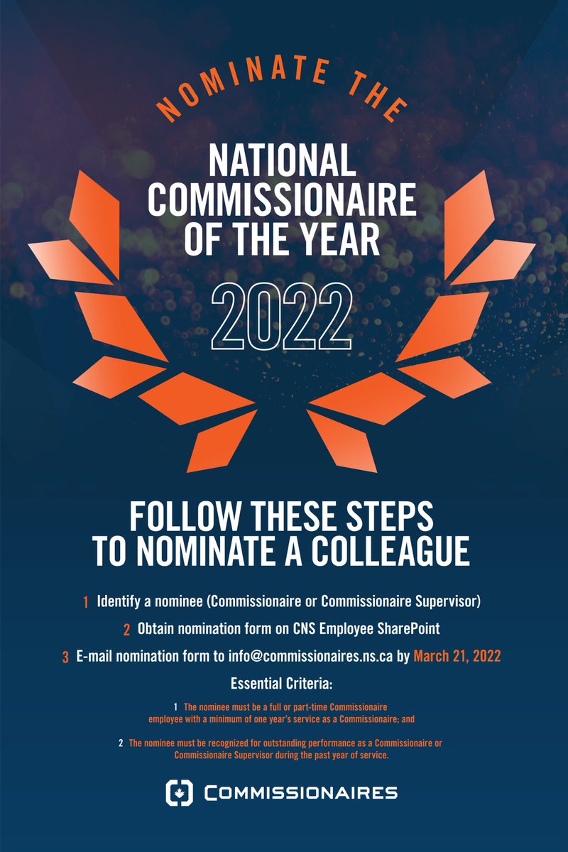 Do you know a commissionaire colleague or supervisor who deserves #recognition? 

Consider nominating them for this National award! 

The award comes with a congratulatory letter from the National Board Chair, an engraved item, and a monetary prize.