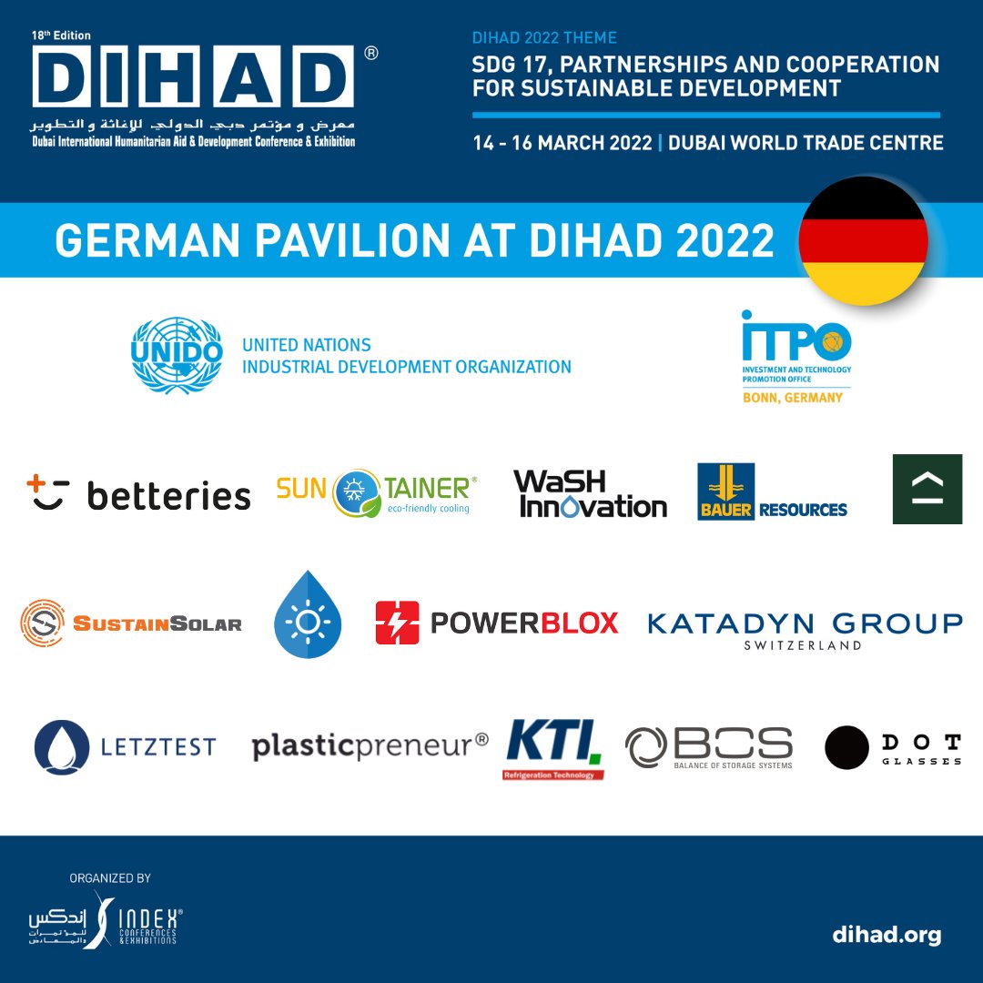 UNIDO ITPO Germany at DIHAD 2022! Meet the 14 co-exhibitors offering sustainable solutions for the humanitarian sector! dihad.org