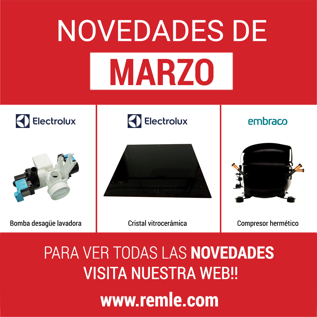 Este Marzo trae novedades! 

Seguimos trabajando para presentaros nuevos productos que os puedan interesar! Como puede ser una nueva bomba de desagüe Electrolux, un cristal para la vitro,  compresores... Y mucho más!

Para más información, visítanos en remle.com